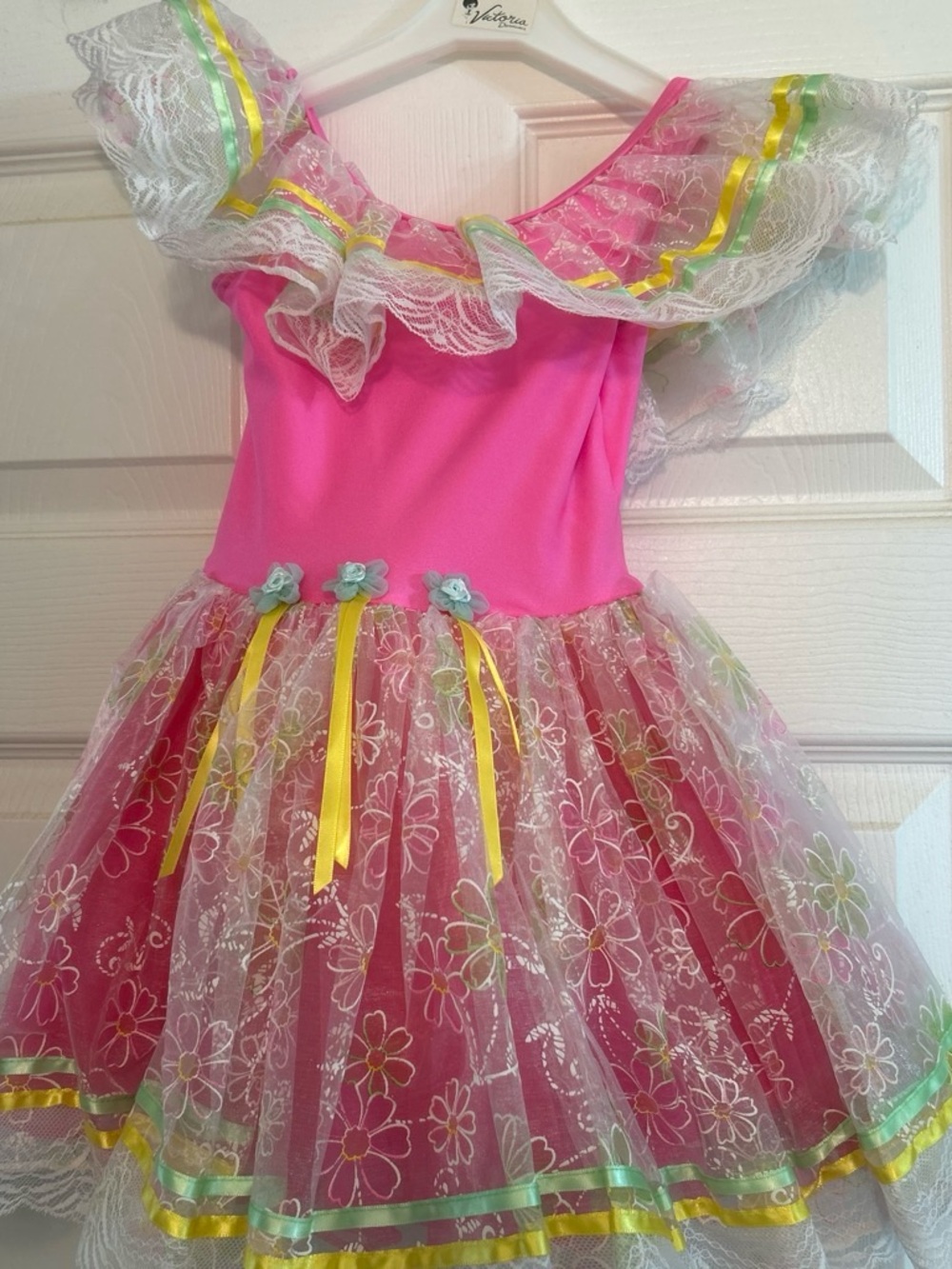 Bright Pink Floral Tulle Dance Costume for Girls